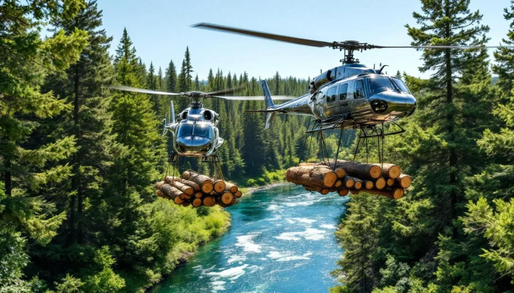 מסוקים מצילים סלמונים על ידי העברת אלפי גזעי עצים ללא צורך בסכרים או תעלות, להגנת הסביבה ושמירת המינים.