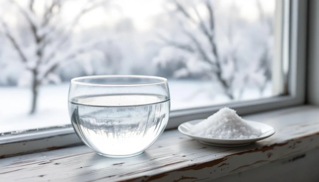 קערת מים עם מלח ליד החלון מספקת פתרון טבעי ויעיל לשמירה על לחות בחורף, ללא צורך בנייר אלומיניום או מפשיר לחות.